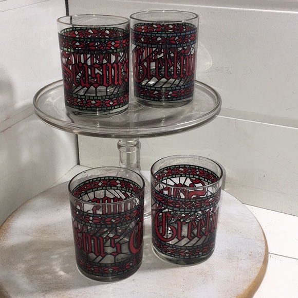 Vintage Houze Christmas stained glass tumblers Seasons Greetings (set 4) - Picture 2 of 9